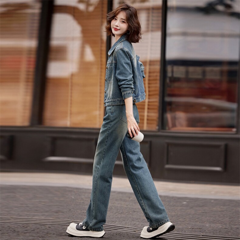 早春牛仔套装女2025新款时尚洋气减龄时髦今年流行复古长裤两件套,女装套装/套裙,意芙