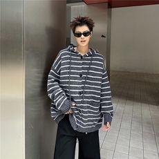 条纹连帽毛衣男女美式复古慵懒风撞色针织开衫外套潮流9574P64，男装针织衫/毛衣，星座410-2