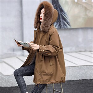 派克服女2021新款冬濑兔毛内胆可脱卸皮草外套中长款图片