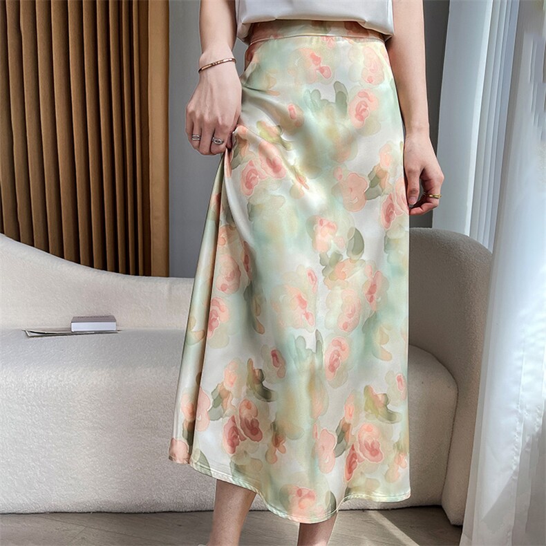 中长款法式浪漫印花半身裙女真丝夏季新款垂感气质高腰醋酸A字裙，女装半身裙，朝贺羊绒