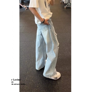 春夏季美式休闲痞帅复古浅蓝色破洞牛仔裤男直筒宽松潮牌锥形裤子图片
