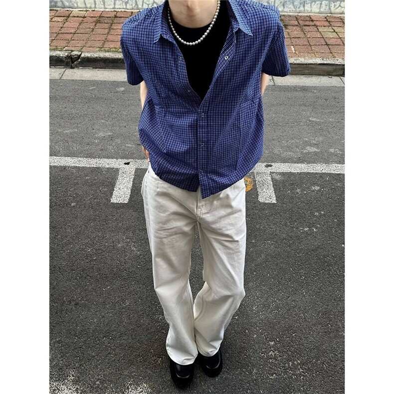 皇家蓝抽绳束腰格子短袖衬衫男女夏季cleanfit薄款格纹衬衣外套男,男装T恤,星座601-1