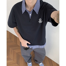 假两件短袖男格子拼接polo衫t恤翻领复古宽松休闲上衣，男装T恤，星座410-6（原星座1304-1）