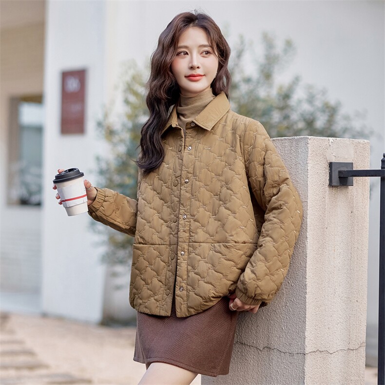 卡其色菱格棉服女款冬季2025新款短款小个子洋气时尚棉衣外套,女装棉衣/棉服,梦懿尔