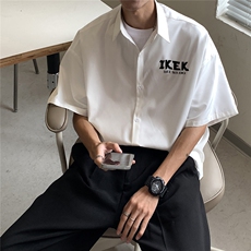EQ59*港风夏季潮流冰丝衬衫男字母简约印花短袖衬衣宽松韩范百搭，男装衬衫，电商C306-1