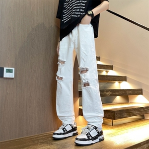 春夏季新款破洞牛仔裤男款潮牌美式宽松直筒裤子图片