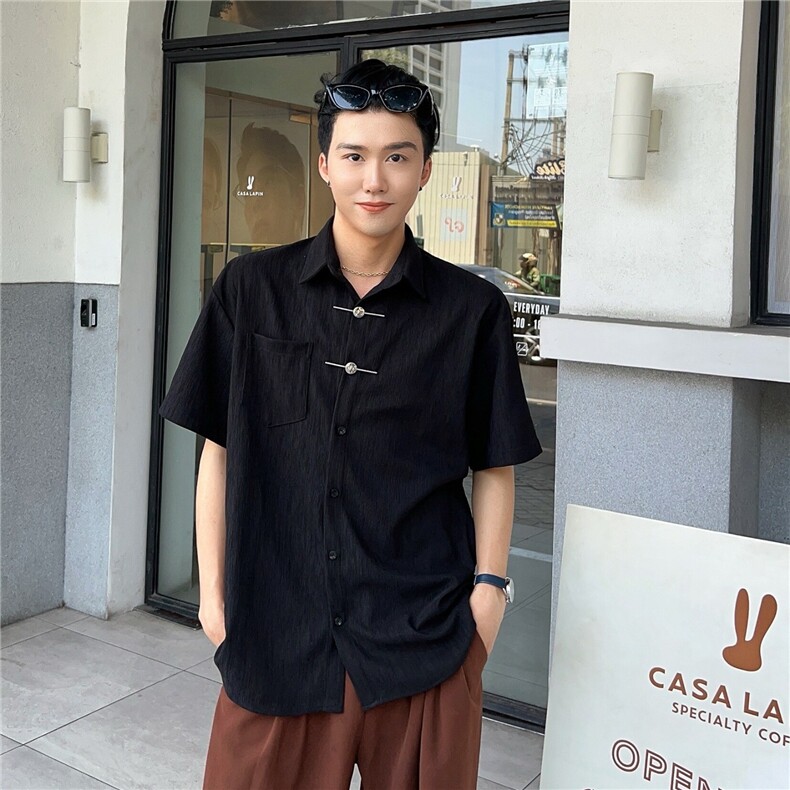 陈大富风肌理感金属扣衬衫男夏季设计感宽松纯色翻领短袖衬衣,男装T恤,星座506A