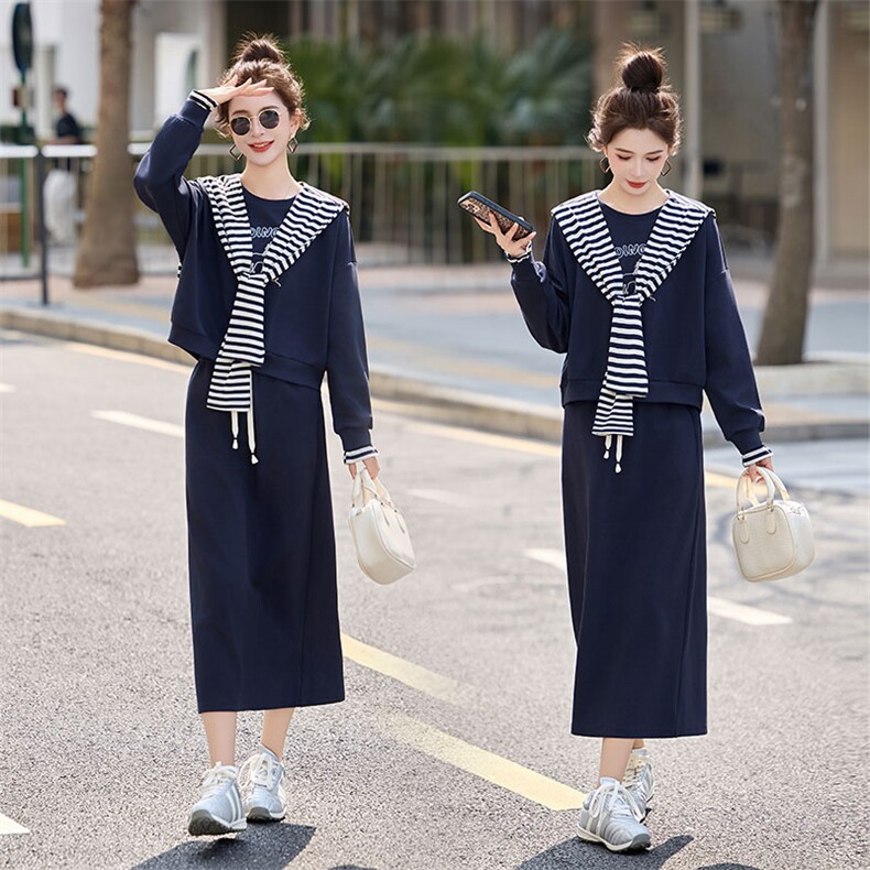 条纹披肩卫衣裙子套装女春季2026新款设计感洋气显瘦半身裙两件套，女装套装/套裙，浙宝029