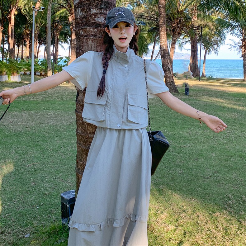韩系减龄蓝色马甲花苞半身裙两件套2025夏新款超好看洋气穿搭套装,女装套装/套裙,琦鑫阁（原依鑫阁）