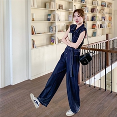 港风复古深蓝色无袖牛仔连体裤女2025夏气质显瘦高腰工装风连衣裤，女装连体裤，印象茜
