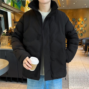 黑色菱形格美式羽绒棉服男冬季痞帅炸街纯色外套立领短款面包服图片