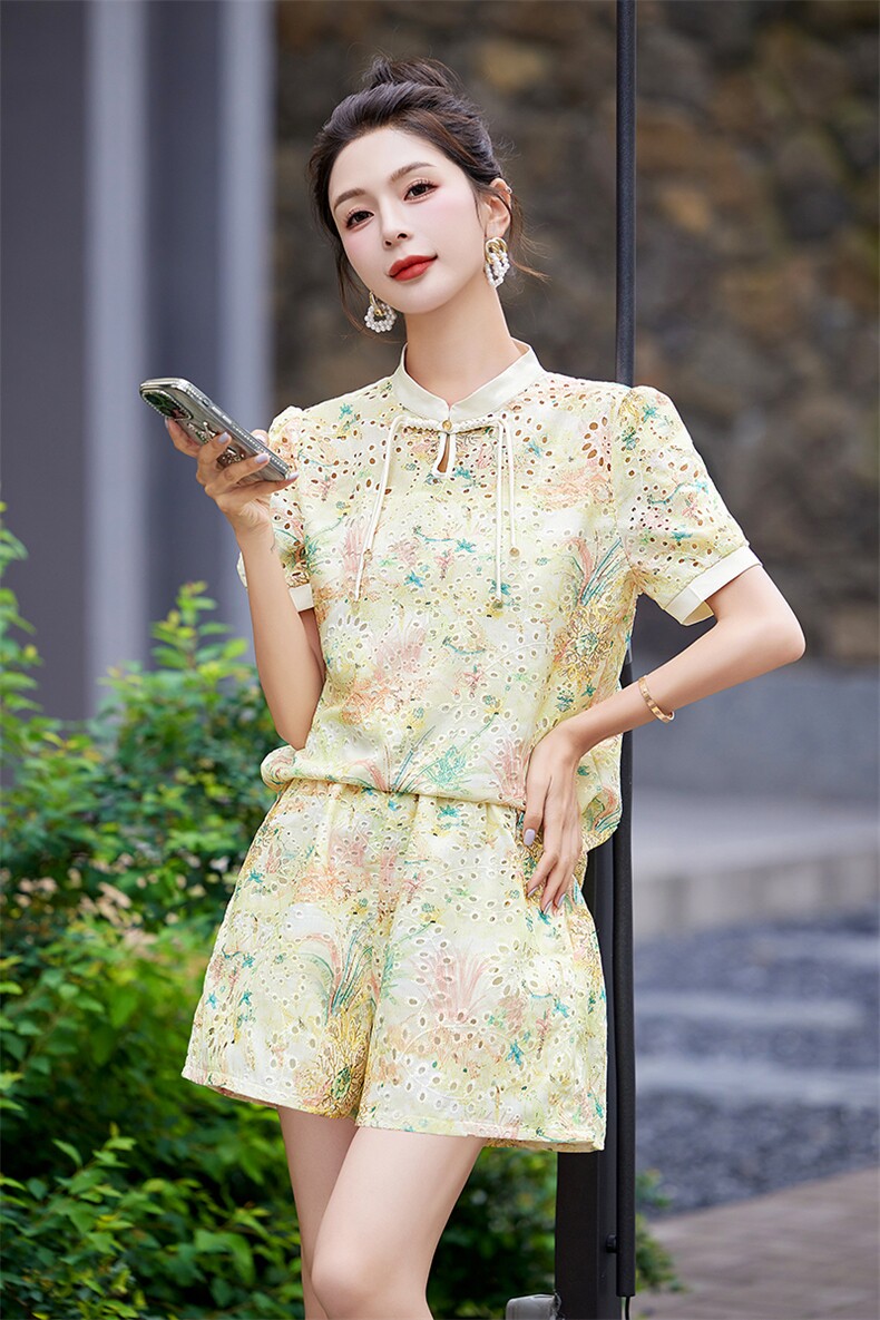 新中式减龄时尚印花套装女2024夏新款小个子盘扣上衣短裤两件套,女装套装/套裙,姿衣坊