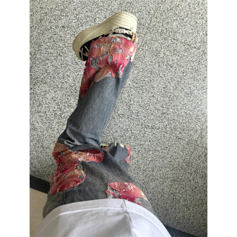 【网图】晚霞蕾丝拼接牛仔裤潮牌美式高街微喇裤子N0077CC-特P55,男装牛仔裤,星座1007（原301D）