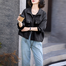 小众立领夹克上衣女2024秋季新款显瘦短款外套工装风棒球皮衣，女装皮衣，美拉德工厂直营店