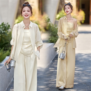小香风时尚套装女2026新款洋气减龄夏季防晒衬衫吊带阔腿裤三件套图片