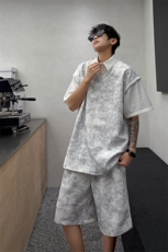 扎染套装西装领休闲春夏套装短袖短裤潮流休闲套装扎染面料特P65，男装牛仔裤，电商B319