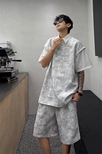 扎染套装西装领休闲春夏套装短袖短裤潮流休闲套装扎染面料 特P65图片
