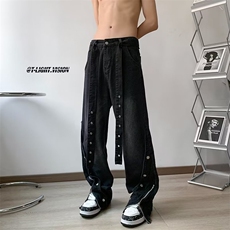 排扣hiphop小众设计高级感裤子嘻哈欧美街头微喇牛仔裤宽松直筒裤，男装牛仔裤，星座601-2
