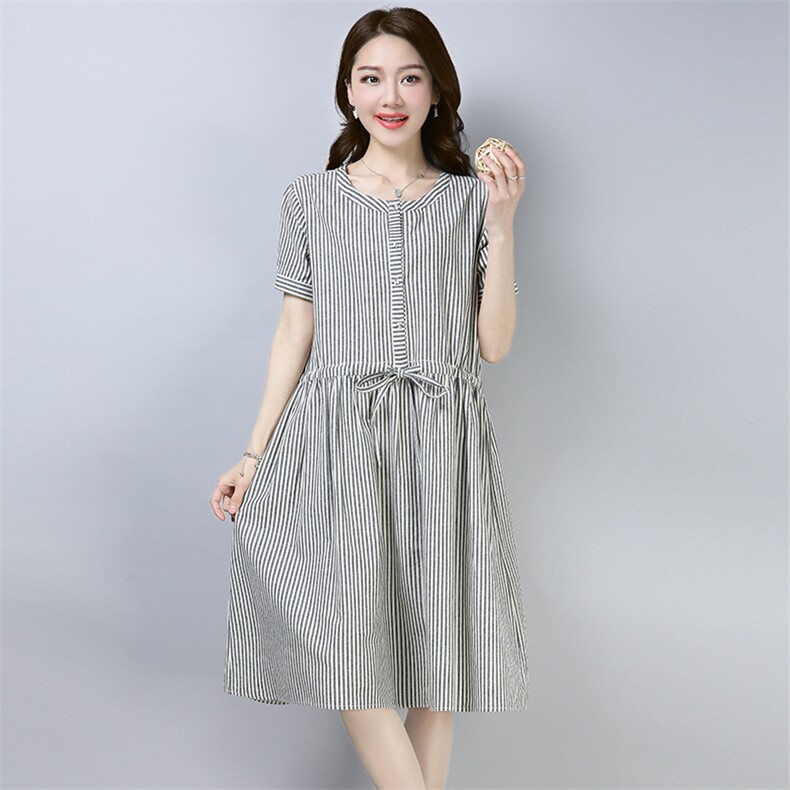 连衣裙条纹圆领松紧腰排扣纽扣系带口袋中长款短袖2021年夏季A型，女装连衣裙，独衣靓