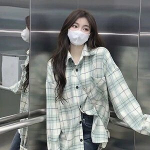 甜美风绿色格子春秋衬衫新款复古设计感百搭小众衬衣上衣潮 CYC93图片