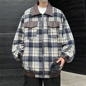 秋冬款男条纹格子夹克皮拼接多口袋夹克衫外套JK233 P75图片