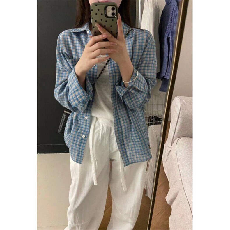 【有货】蓝色格子衬衫男女款美式宽松慵懒风外套B254CC-P45,男装衬衫,星座1007（原301D）