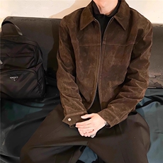 韩巴恩深咖进口仿牛反绒复古翻领鹿皮感正肩版型夹克外套，男装夹克，星座813-2