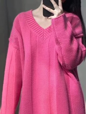 柔软麻花百搭宽松长袖套头纯色v领针织衫女秋，女装针织衫/毛衣，半城羊绒