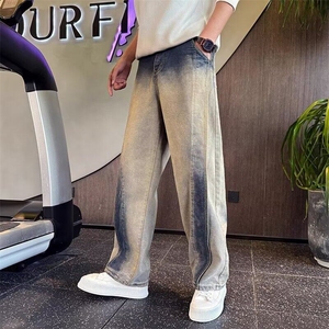 美式高街春秋季重磅牛仔裤小众设计感弯刀裤复古水洗做旧宽松直筒图片