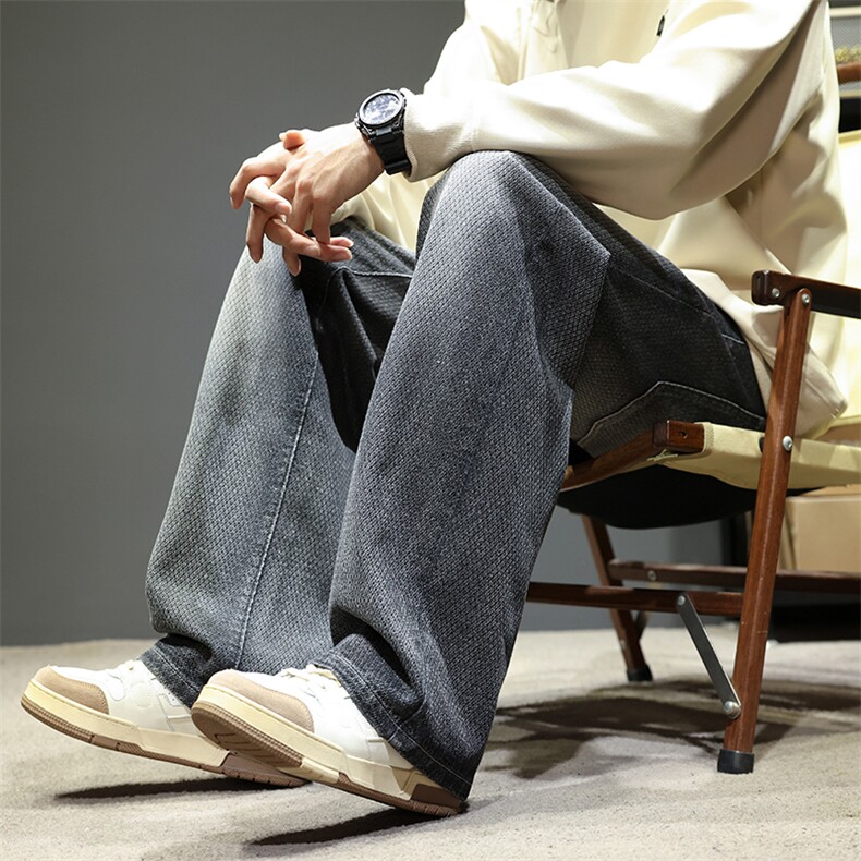 牛仔裤男龙鳞纹春秋2024新款宽松直筒拖地休闲阔腿裤子Z9843-P45,男装牛仔裤,星座509