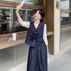 韩系chic一整套牛仔穿搭女2025秋新款小个子披肩马甲半身裙两件套，女装套装/套裙，2C057