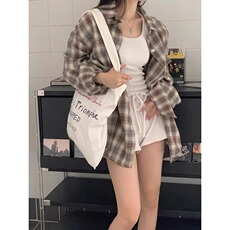 复古chic卡其色格子衬衫外套女春秋2025新款宽松长袖衬衣外穿上衣，男装衬衫，星座1210-1