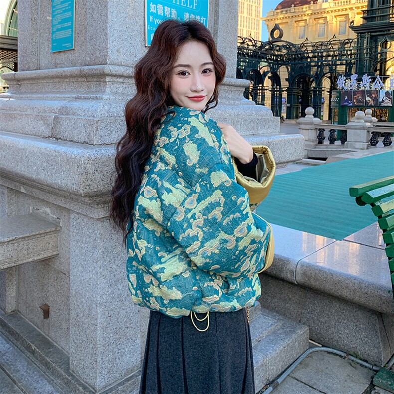 新中式提花立领盘扣轻薄羽绒服女2025秋冬新款复古小个子短款外套，女装羽绒服，纯色衣恋