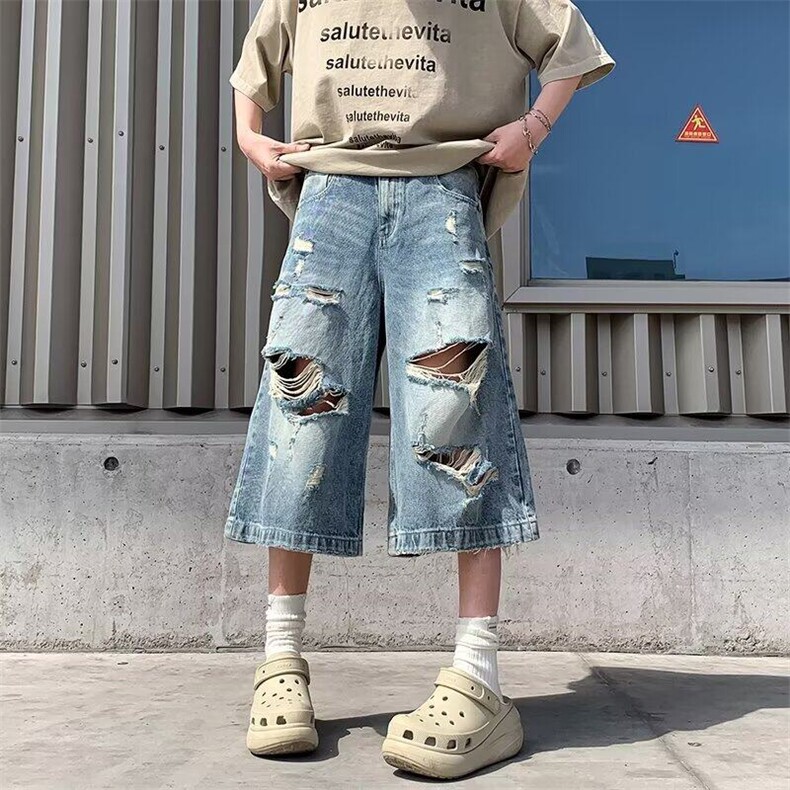破洞阔腿牛仔七分裤男女韩版潮流2025夏季ins休闲短裤RK2902-P42,男装牛仔裤,星座412-2