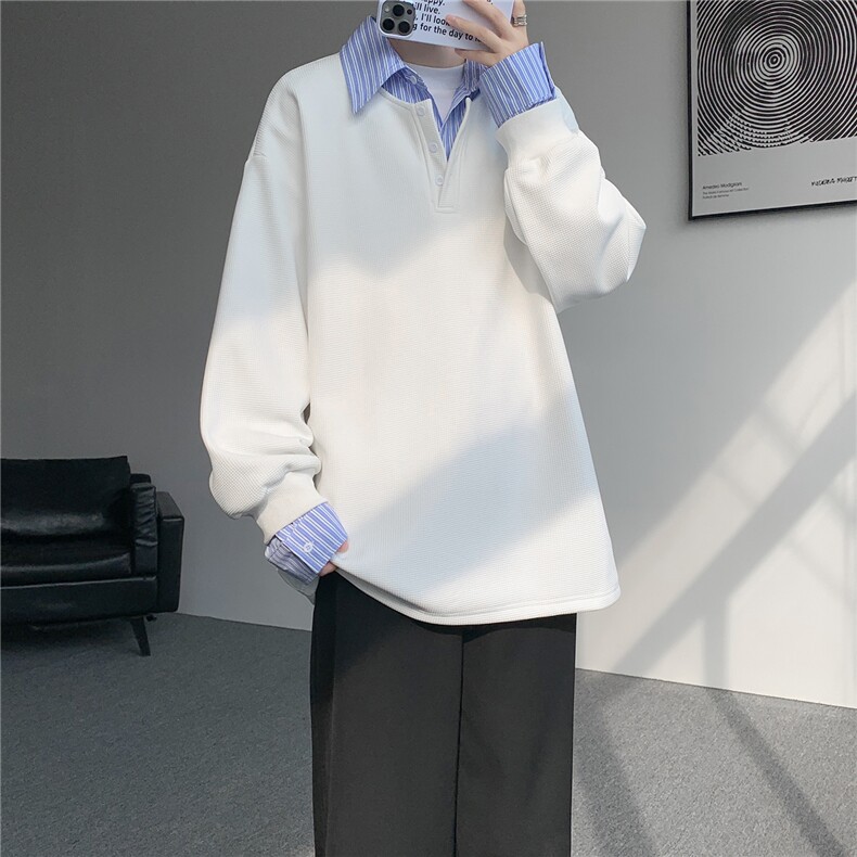 M-8XL假两件撞色polo衬衫翻领卫衣亨利领大码长袖上衣WY5117特P45,男装衬衫,电商B238
