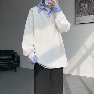 M-8XL假两件撞色polo衬衫翻领卫衣亨利领大码长袖上衣WY5117特P45