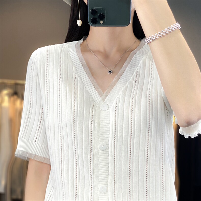 蕾丝开衫短袖t恤女夏季2025新款打底衫洋气女装冰丝针织上衣,针织衫/毛衣,思牵羊绒