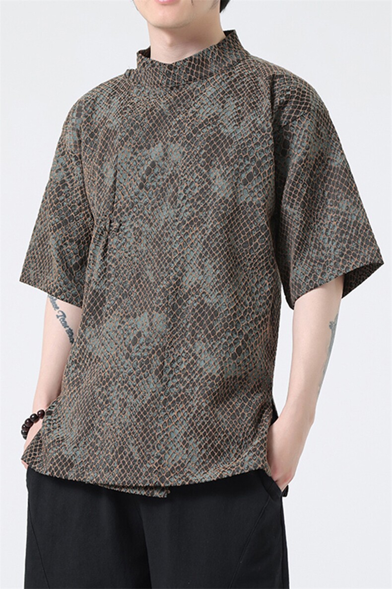 《八旗都统》新中式蟒纹提花改良汉服风盘扣短袖茶禅服31221,男装T恤,星座305A（原312A-1）