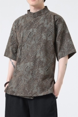 《八旗都统》新中式蟒纹提花改良汉服风盘扣短袖茶禅服31221，男装T恤，星座305A（原312A-1）