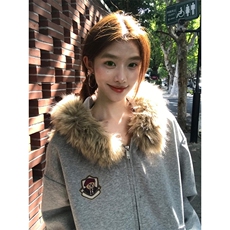 网图美式复古卡通熊耳朵毛领连帽卫衣男女休闲开衫拉链外套特P78，女装短外套，电商C306-1
