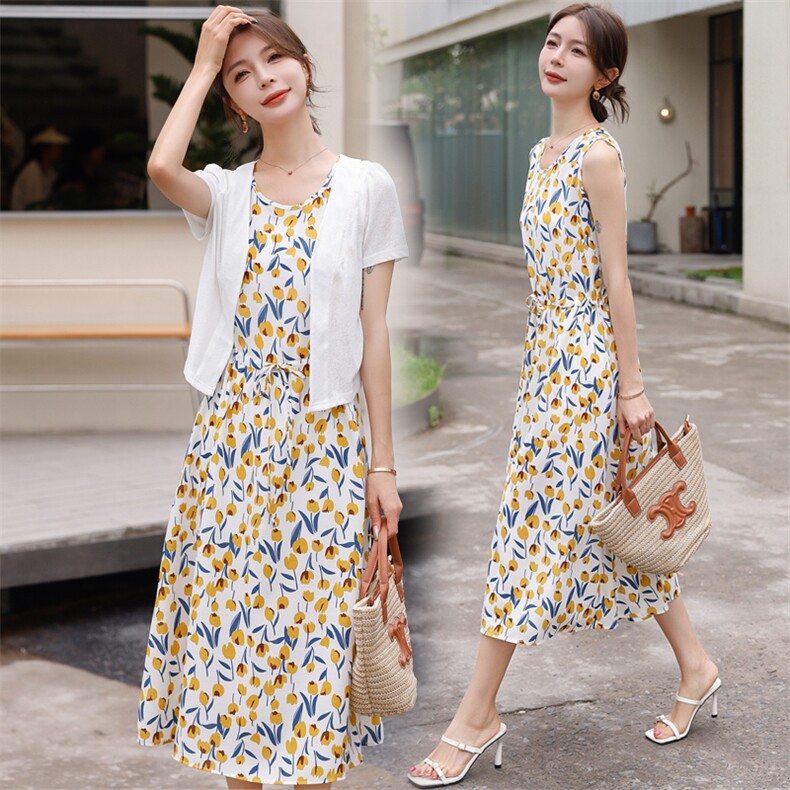 高端棉麻套装裙女夏季2025新款碎花显瘦洋气减龄吊带连衣裙两件套，女装套装/套裙，韩宇舍