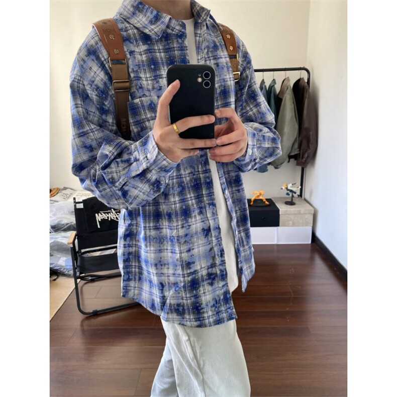 【有货】蓝色格子衬衫男长袖高级感痞帅美式衬衣外套C927HH-特P45,男装衬衫,星座1007（原301D）