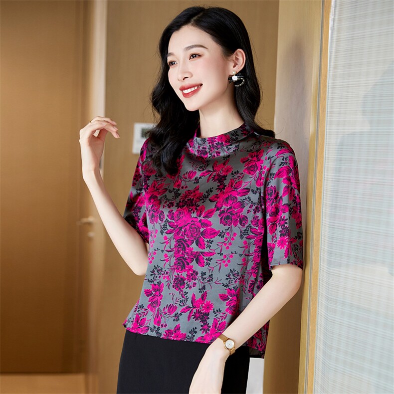 品牌真丝桑蚕丝上衣女轻奢高级感2025新款提花立领专柜妈妈装,女装衬衫,阿舍尔精品
