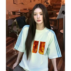 抖音得物品质二开240克宽松纯棉美式潮牌印花三条杠中性风短袖T恤，男装T恤，电商A486