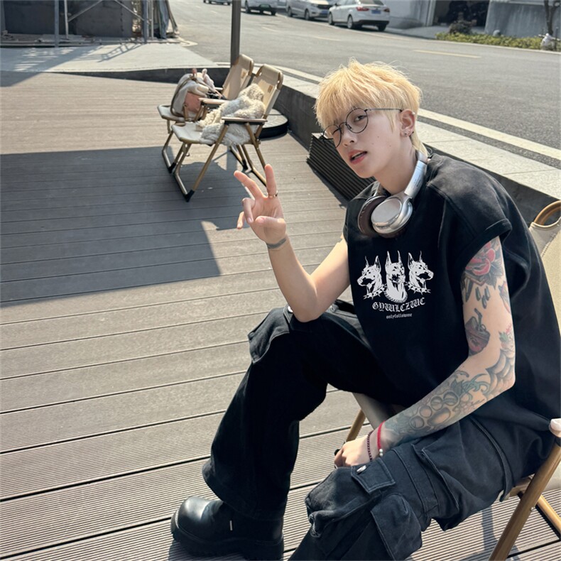 麂皮绒背心坎肩男T恤美式港风潮JB425-特P19控38图片