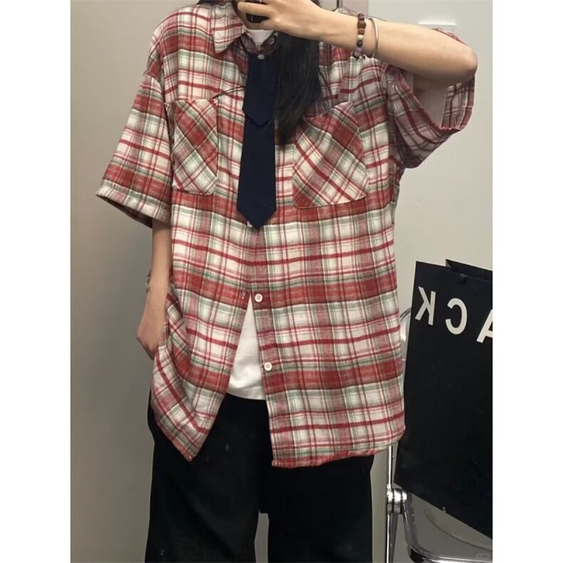 五分袖翻领潮纯色夏季标准美式复古磨毛格纹短袖衬衫CSK5221图片