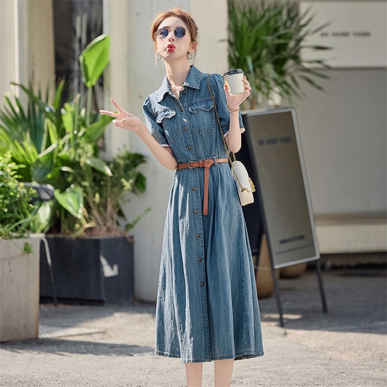 高级感薄款牛仔连衣裙女夏季2025新款收腰气质复古休闲短袖衬衫裙,女装连衣裙,E百度