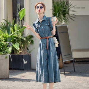 高级感薄款牛仔连衣裙女夏季2025新款收腰气质复古休闲短袖衬衫裙图片