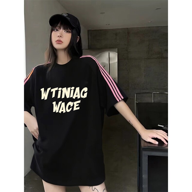 抖音得物品质二开240克宽松纯棉美式潮牌印花三条杠中性风短袖T恤,男装T恤,电商A486