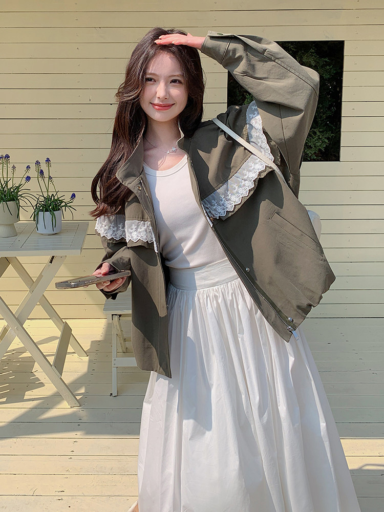 美式复古甜酷风蕾丝拼接暗扣工装外套女2025春款休闲棒球服夹克,女装短外套,蝶眷